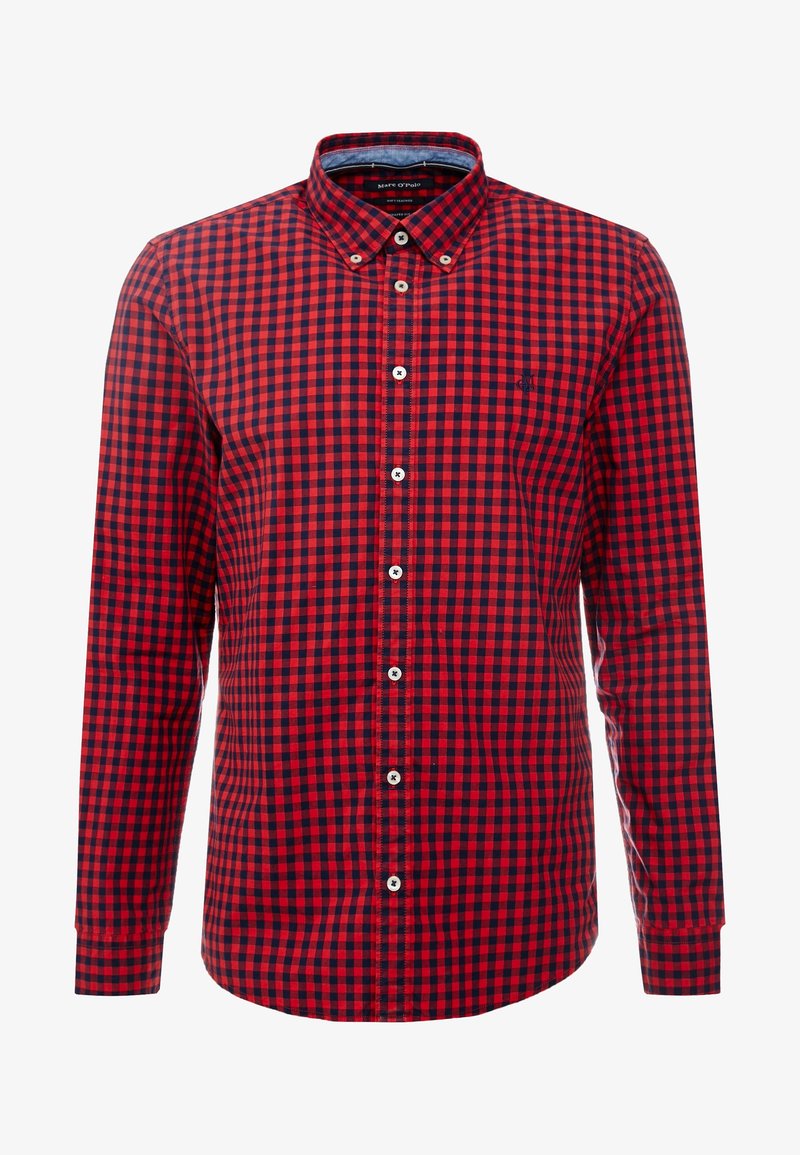 Chemise à manches longues à carreaux rouges et noirs, boutonnée, avec col boutonné et boutons blancs.