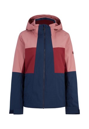 Kleurblokken jas met roze, bordeaux en marineblauwe panelen. Gemaakt van glad, waterdicht materiaal met een ritssluiting aan de voorkant en een capuchon.