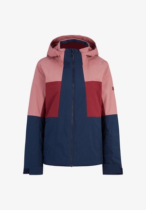 Chaqueta con bloques de color que presenta paneles en rosa, burdeos y azul marino. Fabricada con un material liso y resistente al agua, cuenta con un cierre frontal y capucha.