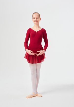 Red long-sleeve ballet leotard with a skirted mesh overlay, paired with light pink tights and ballet slippers. Simple design with a button detail.