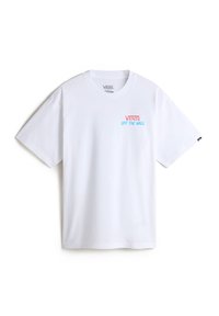 Weißes Baumwoll-T-Shirt mit kurzen Ärmeln. Mit rotem und blauem "VANS OFF THE WALL"-Logo auf der Vorderseite. Regular Fit, minimales Design.