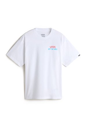 Weißes Baumwoll-T-Shirt mit kurzen Ärmeln. Mit rotem und blauem "VANS OFF THE WALL"-Logo auf der Vorderseite. Regular Fit, minimales Design.