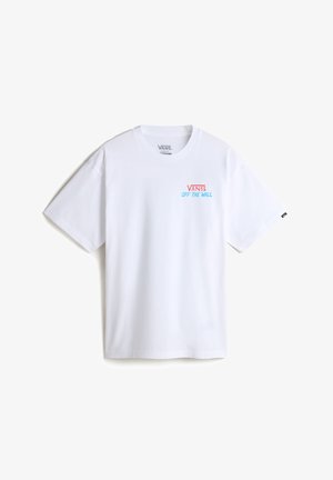 White cotton t-shirt with short sleeves. Features red and blue "VANS OFF THE WALL" logo on the front. Regular fit, minimal design.