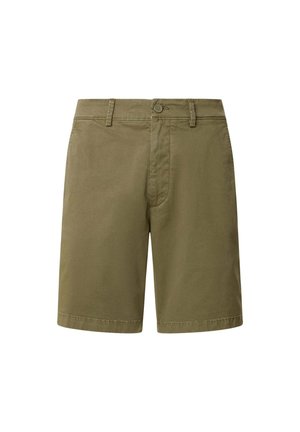 Pantalones cortos caqui elaborados con una mezcla de algodón, con cierre de botón, lazos para cinturón y corte recto. Textura suave, sin patrones ni acentos.