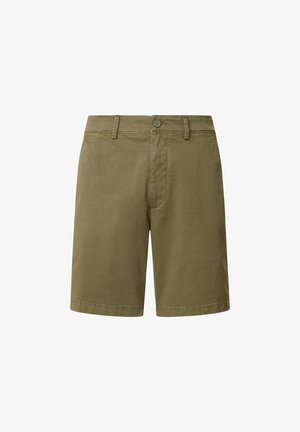 Kahaki šortai, pagaminti iš medvilnės ir sintetikos mišinio, su mygtukų uždarymu, diržo kilpelėmis ir tiesiu sijonu. Lygi tekstūra, be raštų ar akcentų.