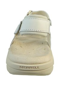White sandal with a wide strap and adjustable buckle. Soft, textured footbed, cushioned sole, and Merrell branding on the bottom.