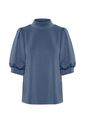 Blue, short-sleeve top with a high collar and puffed sleeves. Made from soft fabric with a smooth texture and an relaxed fit.