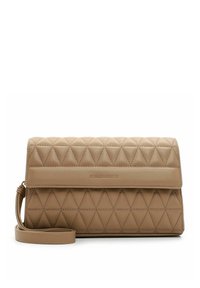 Borsa a tracolla in pelle beige trapuntata con motivi a diamante, pattina pieghevole e tracolla rimovibile. Logo del marchio sottile sul davanti.