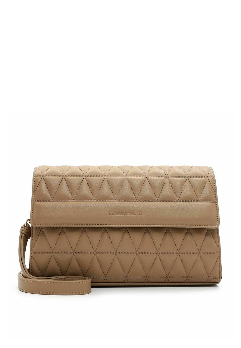 Borsa a tracolla in pelle beige trapuntata con motivi a diamante, pattina pieghevole e tracolla rimovibile. Logo del marchio sottile sul davanti.