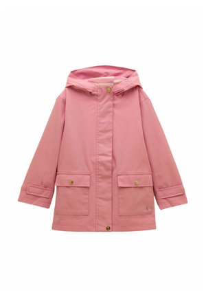 Pink hooded rain jacket with snap-button front, two flap pockets with buttons, and adjustable wrist straps on long sleeves.