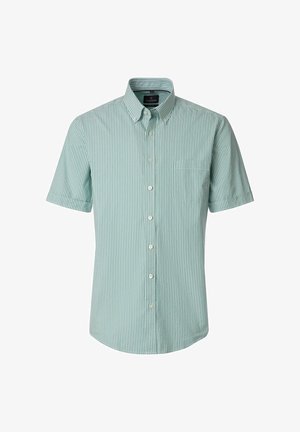 Herre kortærmet skjorte med knapper, grønne og hvide lodrette striber og en lomme på venstre bryst.