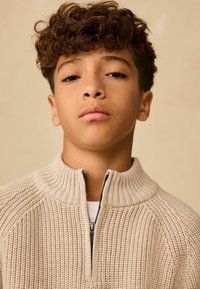 Beige Strickjacke mit Reißverschluss und hohem, geripptem Kragen, versehen mit strukturierten Mustern und einem glatten Reißverschluss. Emotionale Ausdrucksweise nicht erkennbar.