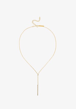 Złoty naszyjnik z łańcuszkiem, z wąskim pionowym zawieszeniem o teksturowanej powierzchni. Regulowana długość z zapięciem na sprężynowy karabińczyk.