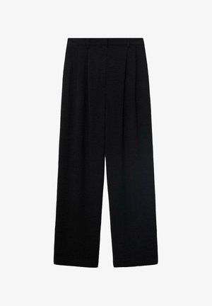 Mustat leveät housut, joissa on teksturoitu kangas, etupleitsut, korkea vyötärö ja vyölenkit, mikä luo räätälöidyn ilmeen.