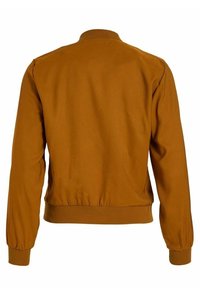 Veste bomber marron à manches longues avec col, poignets et ourlet côtelés, vue de dos sur fond blanc.