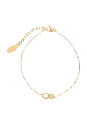 Brățară delicată din lanț de aur cu închizătoare reglabilă, având două talismane rotunde din sidef de dimensiuni diferite, legate între ele