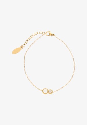 Brățară delicată din lanț de aur cu închizătoare reglabilă, având două talismane rotunde din sidef de dimensiuni diferite, legate între ele