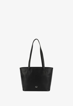 Black leather tote bag with two long handles, smooth texture, and embossed logo on front. Open top design, rectangular shape.