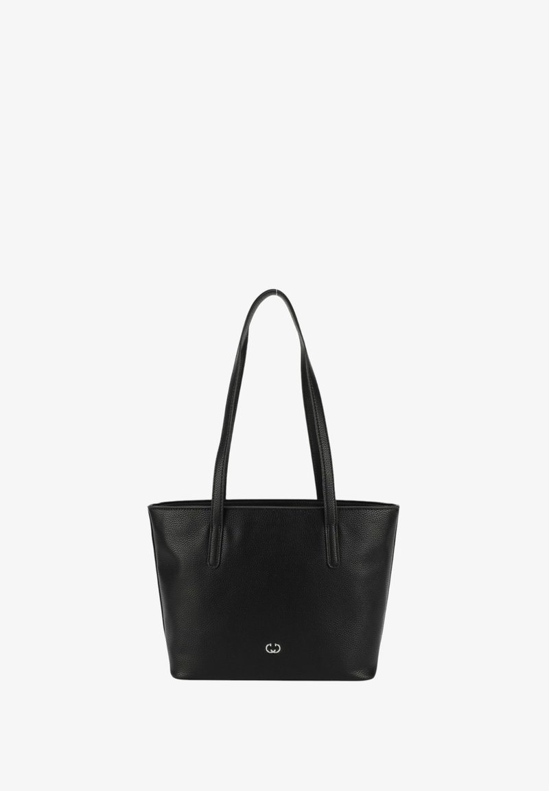 Borsa tote in pelle nera con due lunghe maniglie, texture liscia e logo in rilievo sulla parte anteriore. Design ad apertura superiore, forma rettangolare.