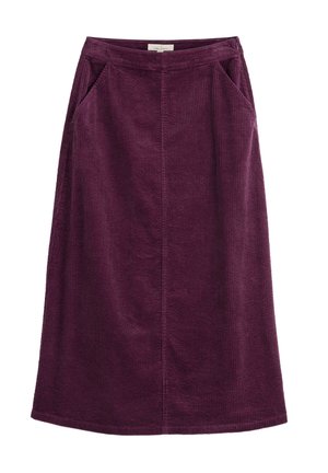 Gonna di velluto a coste bordeaux con silhouette dritta, due tasche laterali e texture a righe verticali. Design di lunghezza intermedia con orlo cucito.
