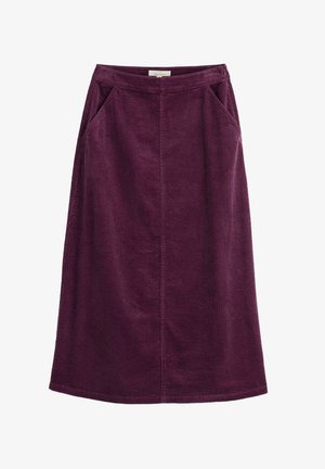 Gonna di velluto a coste bordeaux con silhouette dritta, due tasche laterali e texture a righe verticali. Design di lunghezza intermedia con orlo cucito.