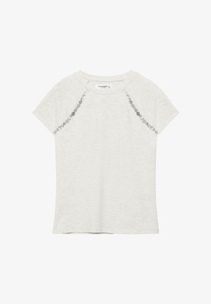 Tricou gri deschis cu mâneci scurte, decolteu rotund și rânduri diagonale decorative de paiete mici argintii în apropierea umerilor.
