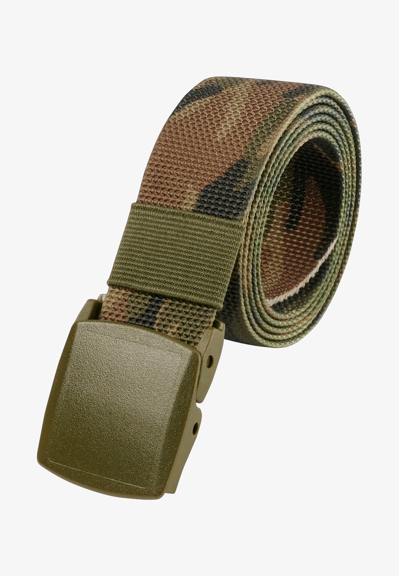 Keritud camo kangast vöö tekstuurse oliivrohelise plastist pandlaga ja oliivrohelisest elastikust aasaga.