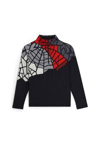 Langarmsgymshirt in zwart met een rood en grijs geometrisch patroon, kwart-rits hals en 'SPYDER' logo aan de voorkant.