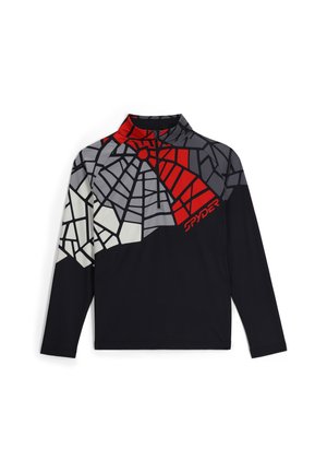 Maglietta sportiva a maniche lunghe nera con un motivo geometrico rosso e grigio, colletto con zip a un quarto e logo "SPYDER" sul fronte.