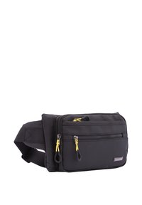 Marsupio in tessuto nero con più scomparti con zipper, tiratori gialli, cintura regolabile e design rettangolare.