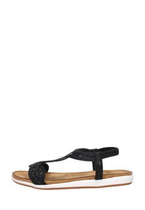 Zwarte sandaal met open teen en gevlochten bandjes, een lichtbruine gevoerde binnenzool, witte tussenzool en een rubberen buitenzool, geschikt voor dagelijks gebruik.