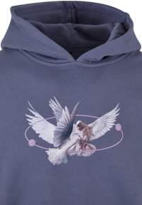 Hooded sweatshirt in dark purple fabric featuring a central graphic of white birds with detailed feathers, encircled by pink lines.
