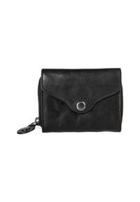 Portafoglio in pelle nera con finitura testurizzata, dotato di chiusura a scatto e di un comparto con zip. Include un anello per attaccare un portachiavi.