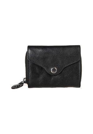 Black leather wallet with a textured finish, featuring a snap closure and a zippered compartment. Includes a keychain loop for attachment.