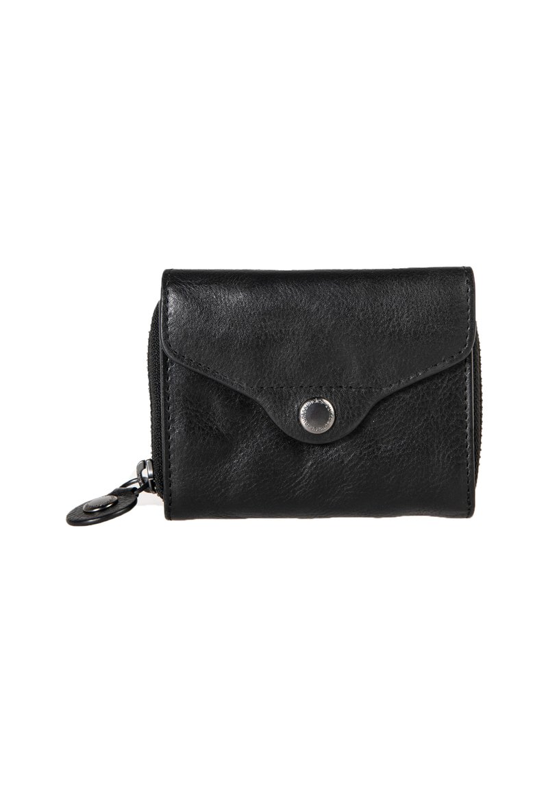 Portafoglio in pelle nera con finitura testurizzata, dotato di chiusura a scatto e di un comparto con zip. Include un anello per attaccare un portachiavi.