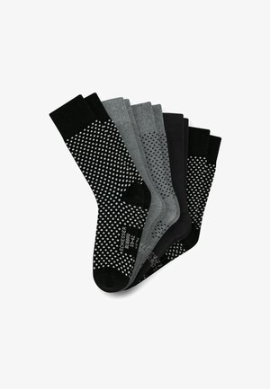 Sechserpack Socken in Schwarz, Dunkelgrau und Hellgrau. Die Muster umfassen gepunktete Akzente bei dem schwarzen Paar. Hergestellt aus einem weichen, dehnbaren Material.