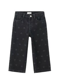 Črne denim kavbojke z diskretnim vzorcem srca, ravnega kroja, petimi žepi in zaklopom z kovinsko gumbom.