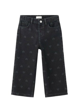 Jean en denim noir présentant un motif en forme de cœur discret, coupe droite, cinq poches et fermeture par bouton en métal.