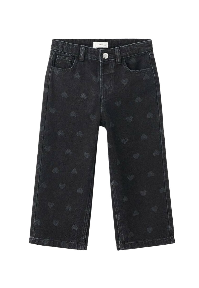 Črne denim kavbojke z diskretnim vzorcem srca, ravnega kroja, petimi žepi in zaklopom z kovinsko gumbom.