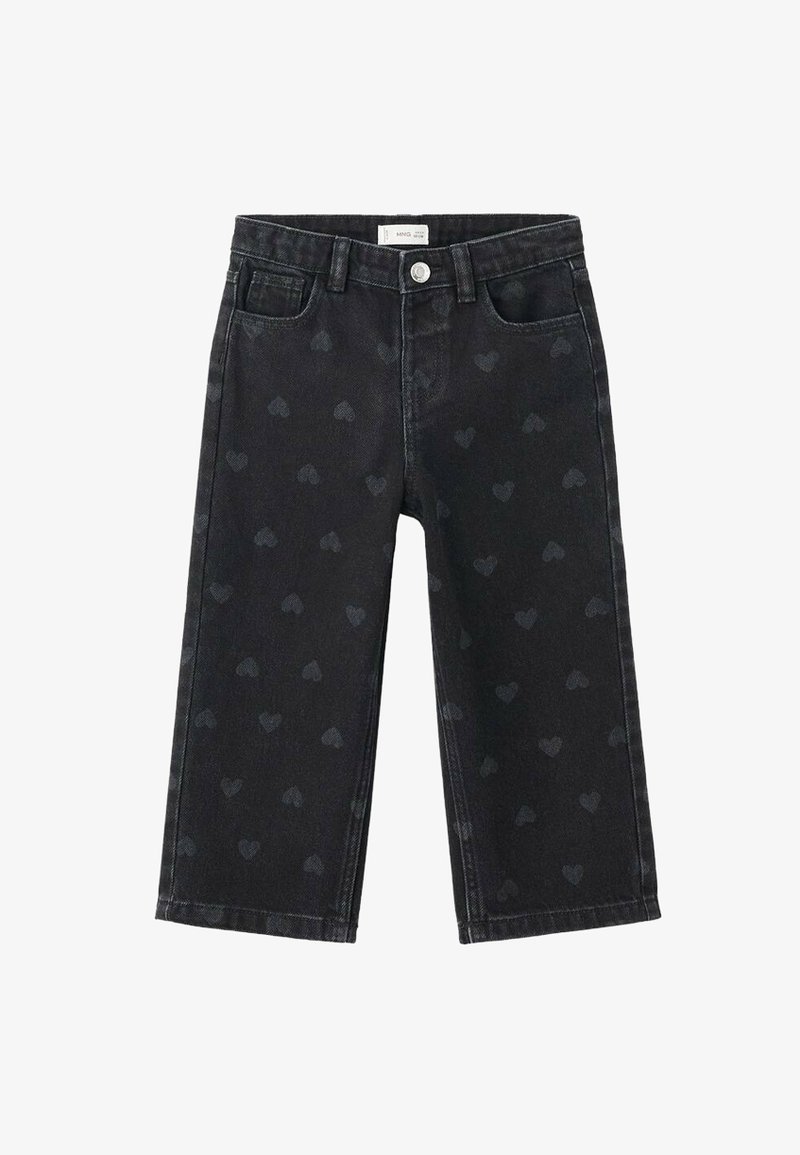 Črne denim kavbojke z diskretnim vzorcem srca, ravnega kroja, petimi žepi in zaklopom z kovinsko gumbom.