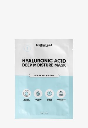 Paquete de la mascarilla de hidratación profunda con ácido hialurónico. Blanco con detalles en azul claro, presenta iconos de hidratación, tiempo y materiales biodegradables.