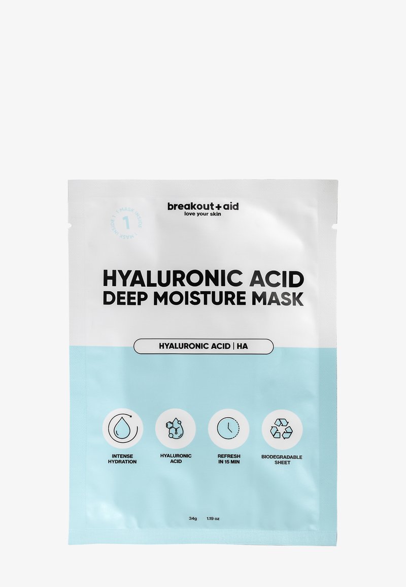 Hyaluronsyre Dybde Fugtmaske emballage. Hvid med lyseblå accenter, indeholder ikoner for hydrering, tid og biologisk nedbrydelige materialer.