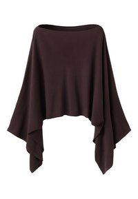 Poncho asimétrico de color marrón oscuro con mangas anchas y un ajuste suelto y fluido, hecho de una tela suave y texturizada.