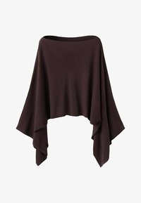 Poncho asimétrico de color marrón oscuro con mangas anchas y un ajuste suelto y fluido, hecho de una tela suave y texturizada.