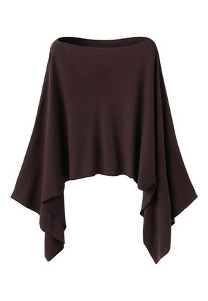 Donkerbruine asymmetrische poncho met wijde mouwen en een losse, vloeiende pasvorm, gemaakt van een zachte, gestructureerde stof.