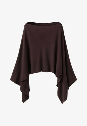 Donkerbruine asymmetrische poncho met wijde mouwen en een losse, vloeiende pasvorm, gemaakt van een zachte, gestructureerde stof.