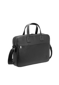 Černá kožená taška na notebook s dvěma držadly, nastavitelným ramenním popruhem, hladkou texturou a přední kapsou s jemným logem.