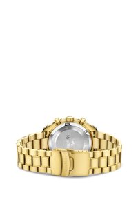 Gouden chronograaf horloge met een stalen band, featuring een glad zilveren wijzerplaat, drie sub-dials en een sluiting met merkdetails.