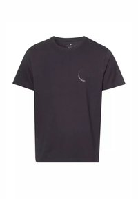 Czarny t-shirt z krótkim rękawem wykonany z bawełny, z okrągłym białym logo na lewej części klatki piersiowej oraz klasycznym okrągłym dekoltem.
