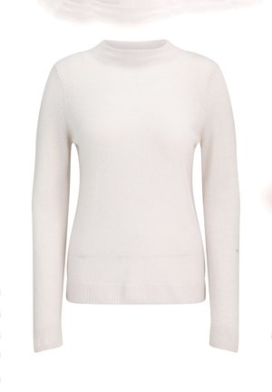 Witte trui gemaakt van zacht, glad weefsel. Heeft een ronde halslijn, lange mouwen en ribbels aan de manchetten en onderkant. Eenvoudig, naadloos ontwerp.